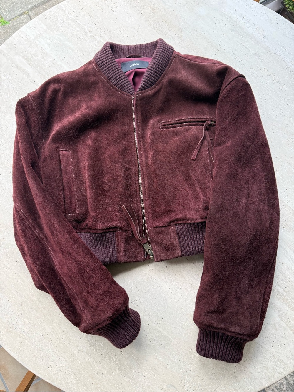 ARMA ELETTRA Shiraz Burgundy Suede Bomber 36 4 small NWOT